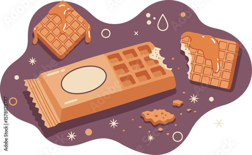 Chocolate wafer biscuits with broken pieces and crumbs on dark background vector illustration 