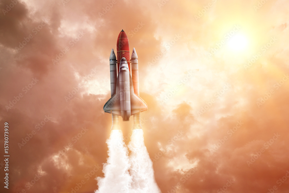 Obraz premium Modern space rocket in beautiful cloudy sky