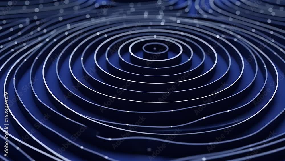 Concentric blue lines with white edges on a dark blue background