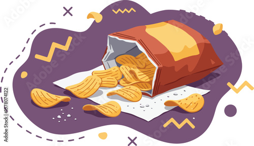 Potato chips bag spilling golden chips vector illustration with purple background and snack food concept