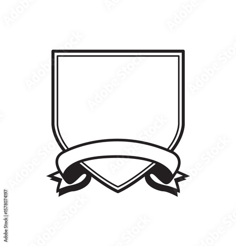 A simple blank shield emblem with a ribbon banner below, outlined in black on a white background.