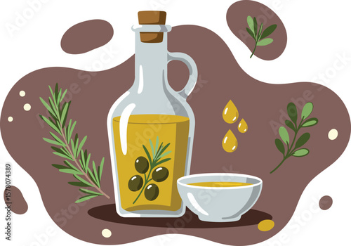 Olive oil bottle with herbs and bowl natural cooking ingredients healthy Mediterranean diet vector illustration 