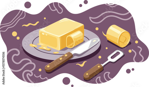 Butter block with knife and butter cutter on decorative plate vector illustration 
