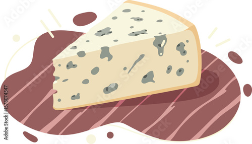 Blue cheese wedge illustration on wooden surface with abstract shapes background vector graphic 