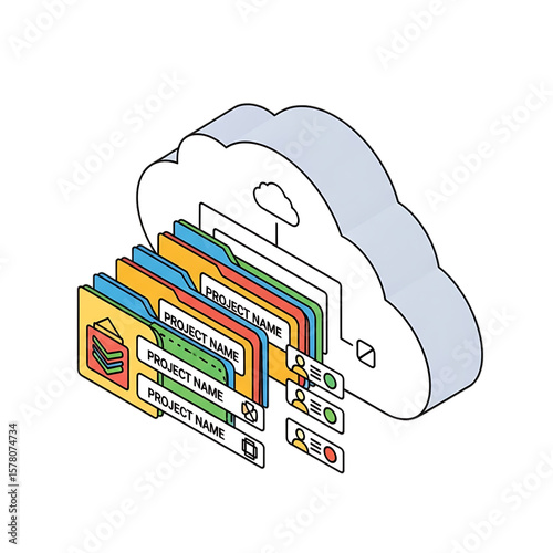 Cloud storage folders with category labels and pricing.