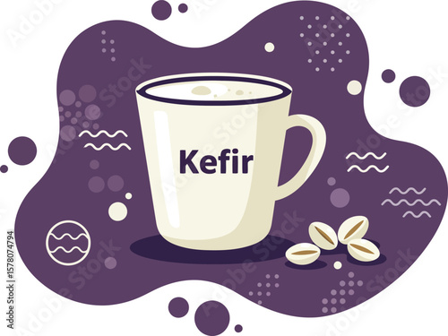 Kefir Drink Cup with Purple Background and Oat Grain Vector Illustration for Healthy Beverage Promotion