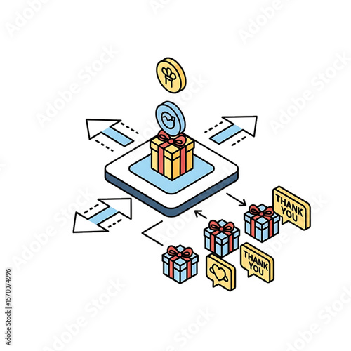 Gift boxes and a coin symbol representing a reward system.