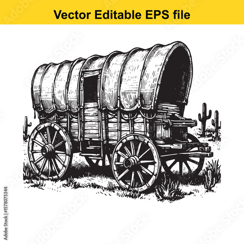 Vintage Covered Wagon Illustration Detailed Black and White Western Scene Depicting Pioneer Life and Exploration of the American Frontier
