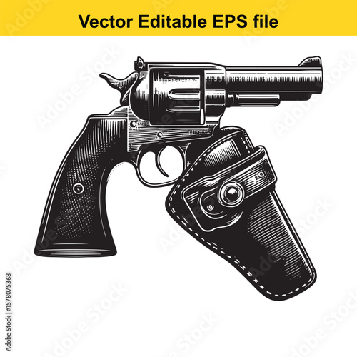 Vintage Revolver and Holster Illustration A Classic Piece of Firearm Art Depicting a Timeless Symbol of the Wild West