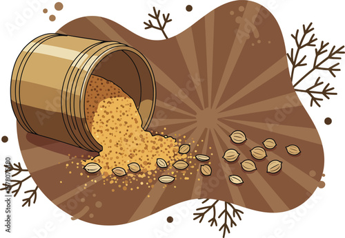 Bucket of spilled coriander seeds with scattered granules vector illustration on abstract background 