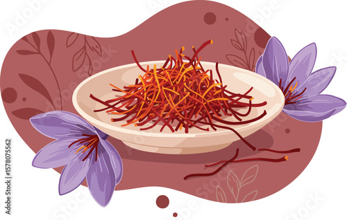 Saffron spice threads with purple crocus flowers and decorative background vector illustration 