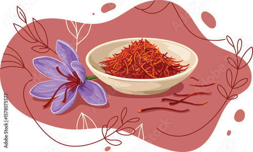 Saffron spice with purple crocus flower and dried threads in bowl vector illustration for culinary and natural ingredient design 
