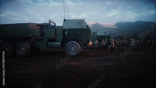 American High Mobility Artillery Rocket System in a ruined city. 3d rendering.