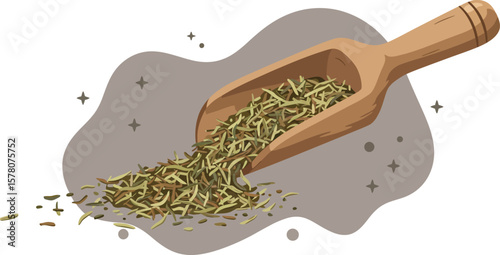 Dried rosemary herb with wooden scoop natural seasoning ingredient for cooking and flavoring food vector illustration 