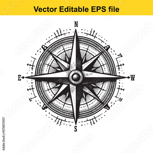 Detailed Compass Rose Illustration with Cardinal Directions and Intricate Circular Designs Embodying Navigation
