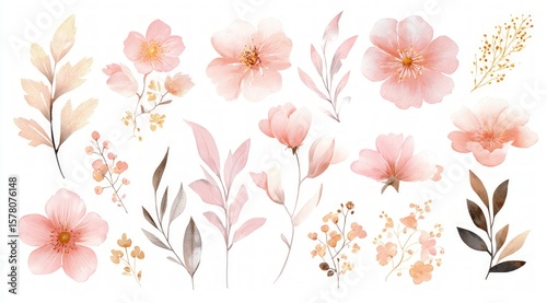 Watercolor Pink Flowers and Leaves Collection