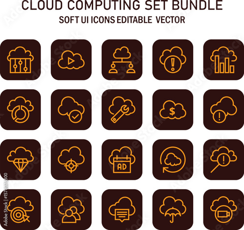 A comprehensive compilation of cloud computing interface icons with elegant outlines and soft rounded shapes