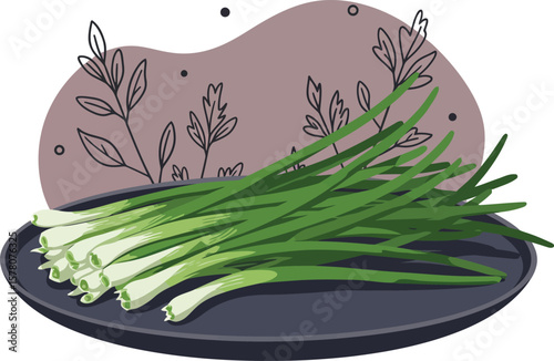 Fresh green onions on a black plate with decorative herbs background vector illustration 