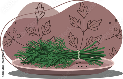 Fresh green dill herb bunch on plate with brown decorative background vector illustration 