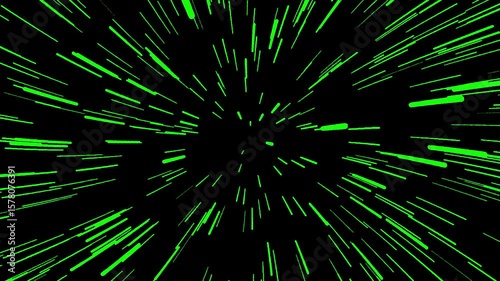 Seamless loopable 4K animation of green starlight streaks flying through space at warp speed.