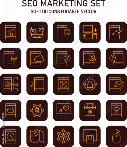 Comprehensive collection of SEO marketing icons ideal for digital strategy and online presence enhancement for