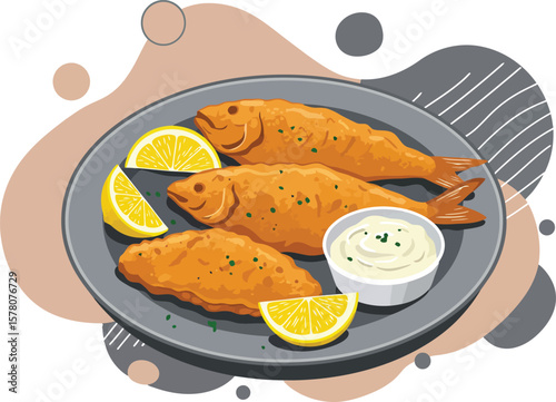 Fried whole fish served with lemon wedges and creamy dipping sauce on plate vector illustration 