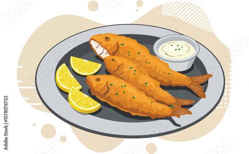 Fried fish with lemon slices and dipping sauce on plate vector illustration in beige tones 