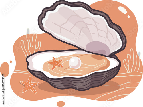 Open oyster shell with pearl and starfish in coral background vector illustration 