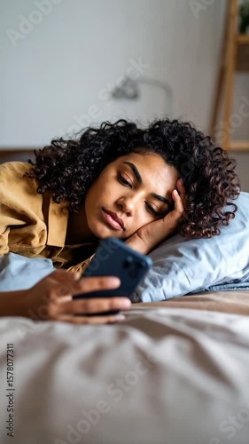 Woman in bed looking at a phone