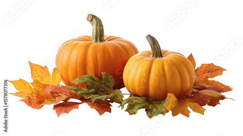 Autumn pumpkins with colorful leaves isolated on tranparent background 