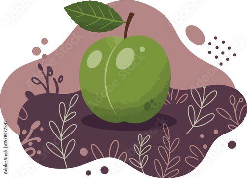 Green apple with leaf and decorative organic shapes vector illustration in natural colors 