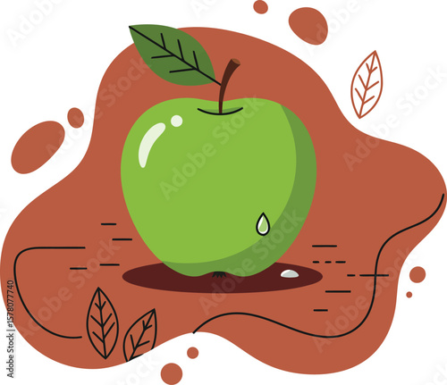 Green apple with leaf illustration on brown abstract background vector design 