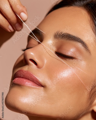 Closeup of a European woman receiving face threading smooth skin natural confidence soft ambient lighting isolated on a pastel background highend skincare