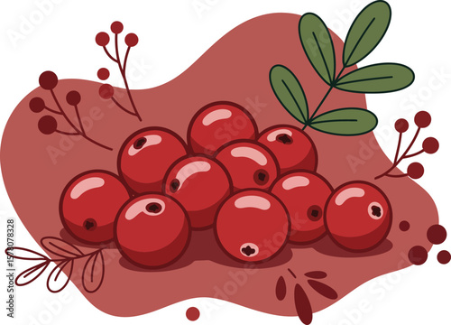 Red Cranberries with Green Leaves Vector Illustration of Berries on Abstract Background 