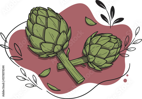 Artichoke vegetable illustration with green artichokes and decorative leaves vector design 