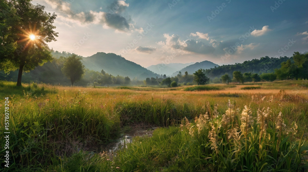 Obraz premium natural scenery background, blue sky mountains, beaches, lakes, forests, beautiful waterfalls