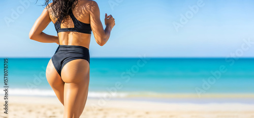 Woman in black bikini running on beach