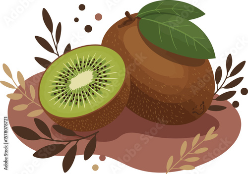 Kiwi fruit with green leaves and brown skin vector illustration in natural style 