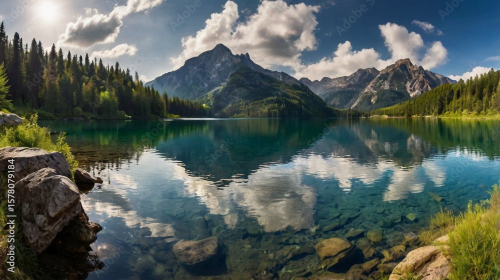 Fototapeta premium natural scenery background, blue sky mountains, beaches, lakes, forests, beautiful waterfalls