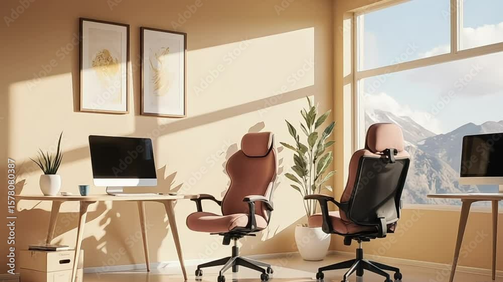 Modern office interior with ergonomic chairs and mountain view