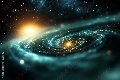 A breathtaking view of a galaxy swirling with stars and cosmic dust, illuminated by the warm glow of distant suns