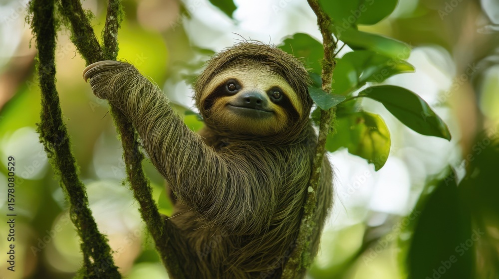 Obraz premium Close-up of a sloth hanging from a tree branch.