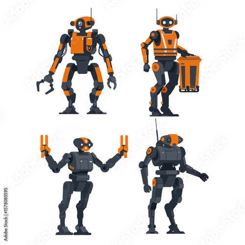 set minimalist geometric flat vector design of utility worker urban mecha robots
