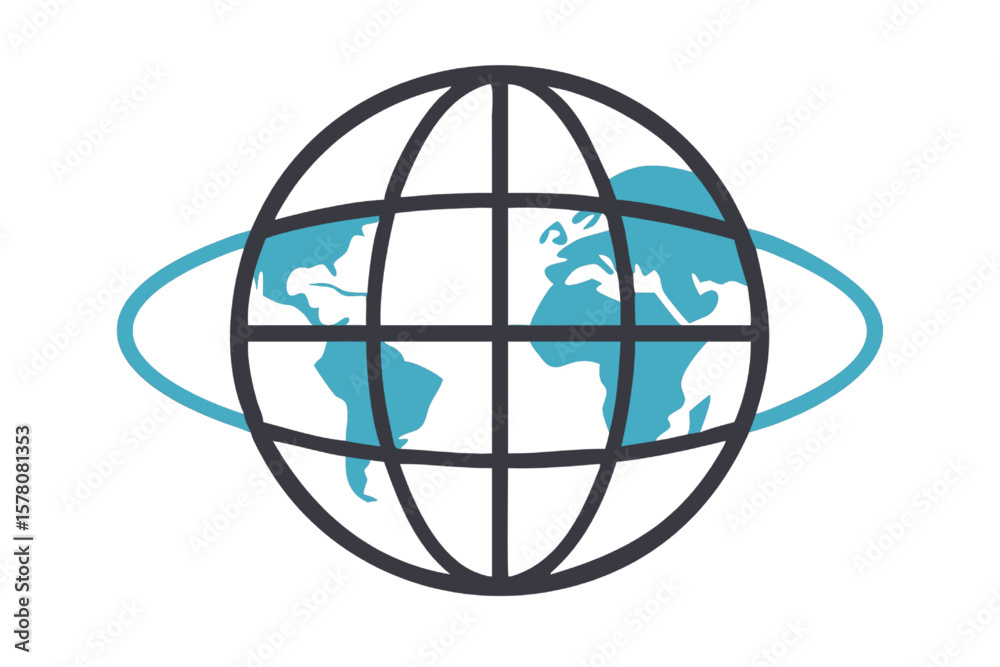 Obraz premium Rotating Globe Icon: A stylized globe icon with a rotating orbit, symbolizing global connection, international communication, and worldwide reach.