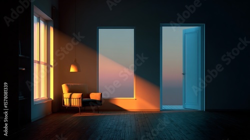 Interior with Armchair, Window, and Open Door