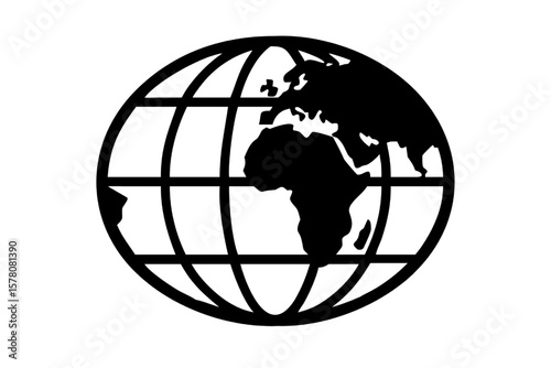 World Sphere Emblem: A stark, graphic representation of a globe, its continents and oceans rendered in a minimalist style to evoke a sense of universal interconnectedness.