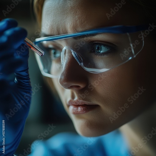 Closeup of a female forensic scientist examining evidence Focus on face and evidence