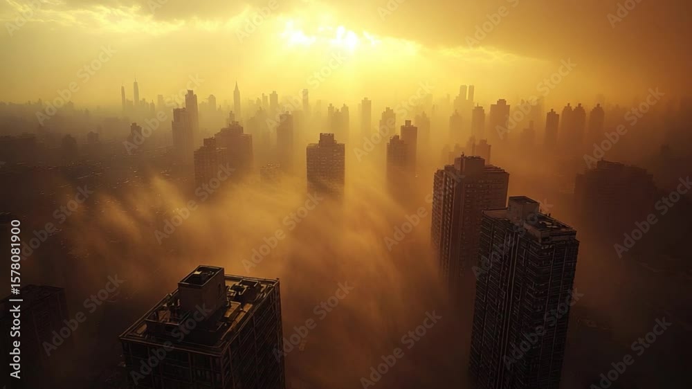 An eye-level shot captures a hazy urban landscape, with the golden sun and dramatic weather elements adding to its appeal