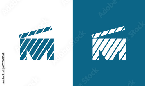 Modern film clapperboard logo with bold striped design in blue and white, perfect for film production, cinema branding, or creative media identity