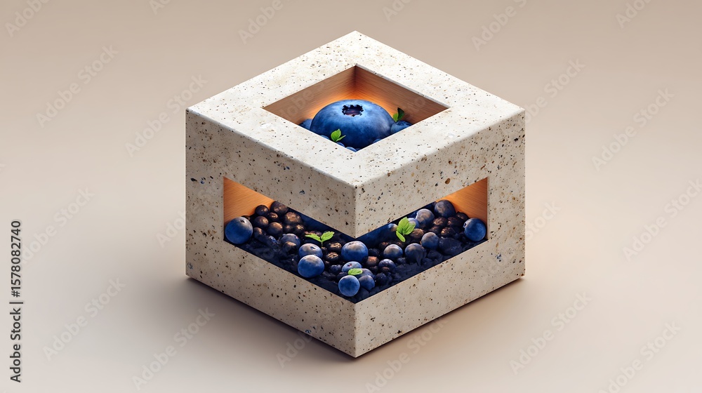 Fototapeta premium Abstract Frozen Almond Milk Cube with Embedded Blueberries – Hyperreal Beige Background